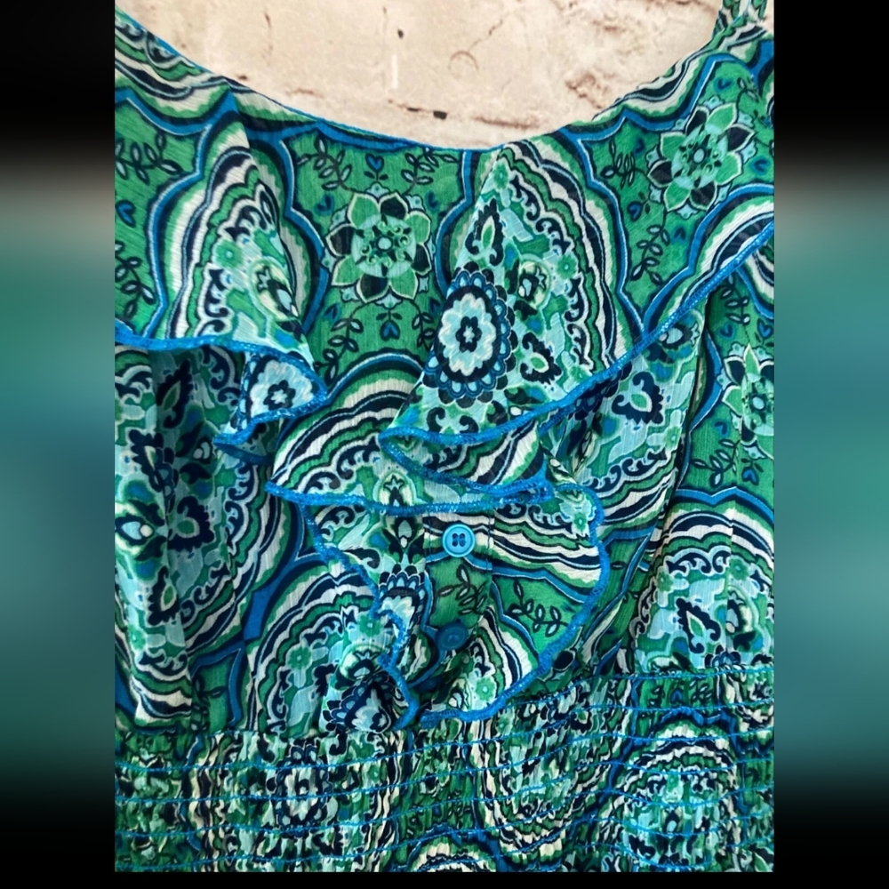 Maxi Dress Womens L Teal Green Medallion Print Ruffle Full Length Sleeve… - Picture 8 of 8